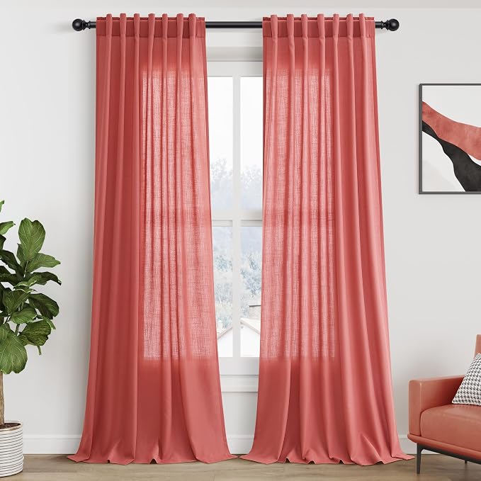 Watermelon Red Curtains 108 Inches Long 2 Panels, Semi Sheer Back Tab Loop by Nanspring
