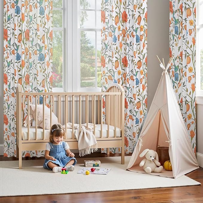 72 Inch Boho Floral Curtains Tropical Bird Print Linen Semi Sheer Window Drapes - Image 8