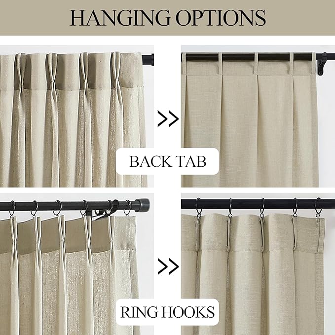 Vision Home Sand Pinch Pleated Semi Sheer Curtains Textured Linen Blended Light Filtering Window Curtains 112 inch for Living Room Bedroom Patio Pinch Pleat Drapes with Hooks 1 Panel 60" Wx112 L