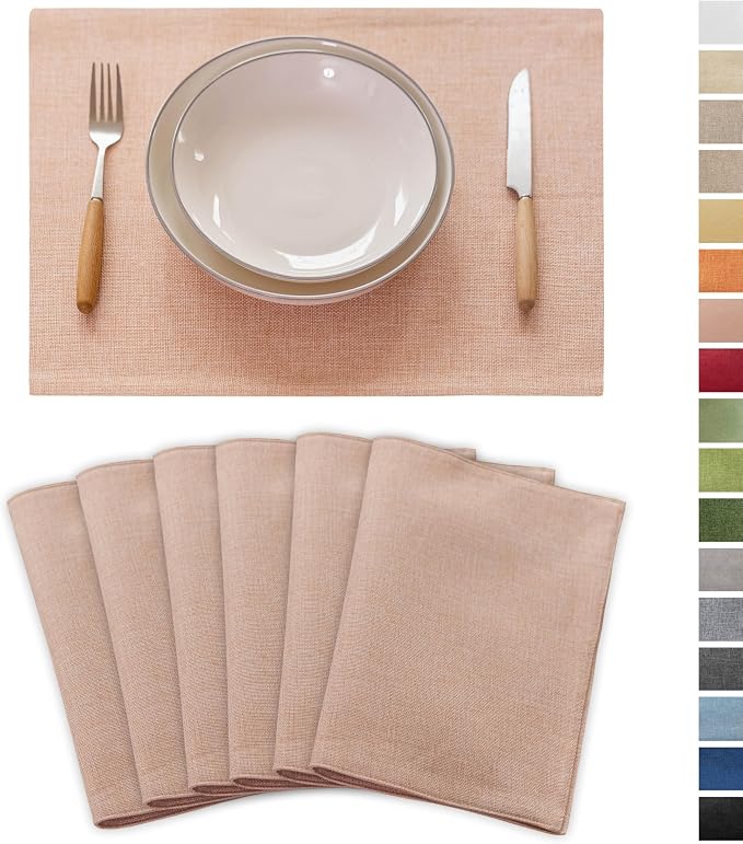Demetex Pink Placemats Set of 6 Heat Resistant Linen Place Mats Washable Cloth by DEMETEX