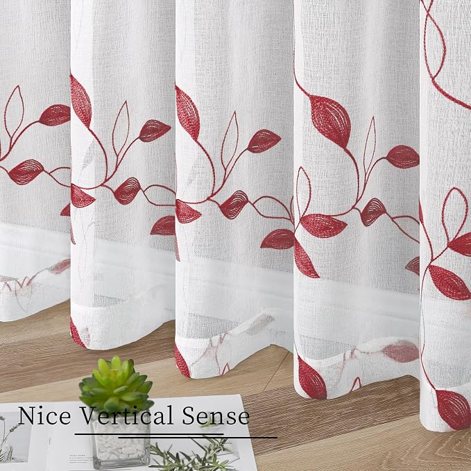 Tollpiz Burgundy Red Leaf Sheer Tier Curtains Kitchen 30 x 24 Inches | Short - Image 4