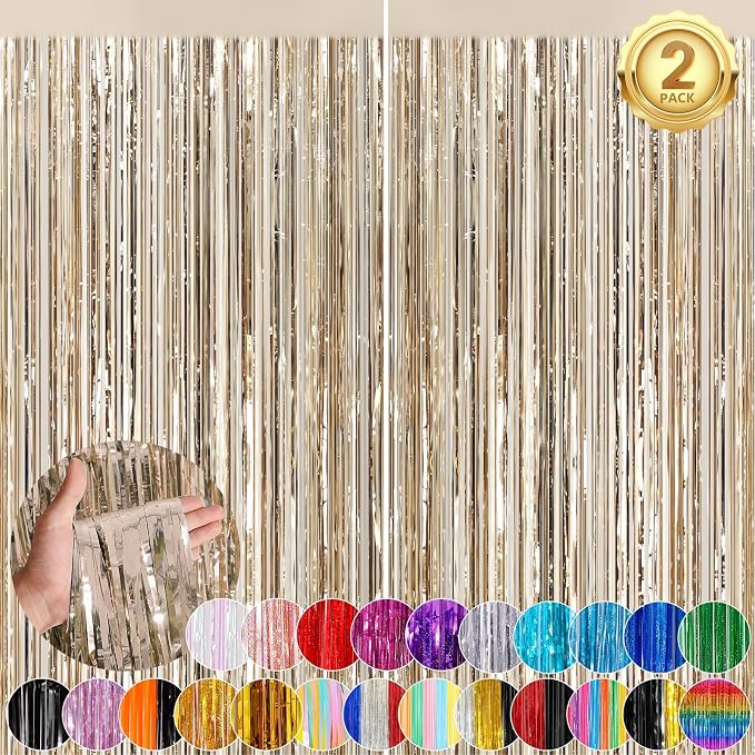 Champange Party Streamers Fringe Curtain 2Pack 3.3 x 8.3 Ft Foil Fringe by UWPVOWSR