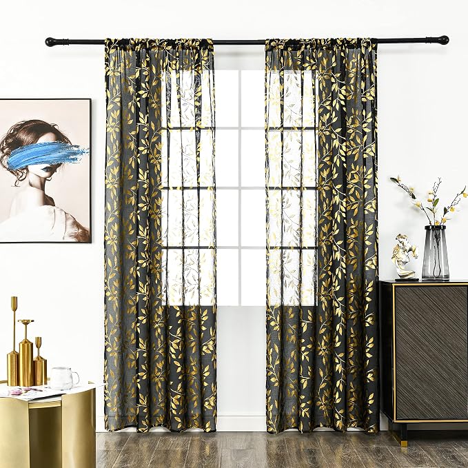 Sutuo Home Black Sheer Curtains 84 Inches Long 2 Panels Set, Luxury Gold Foil - Image 2