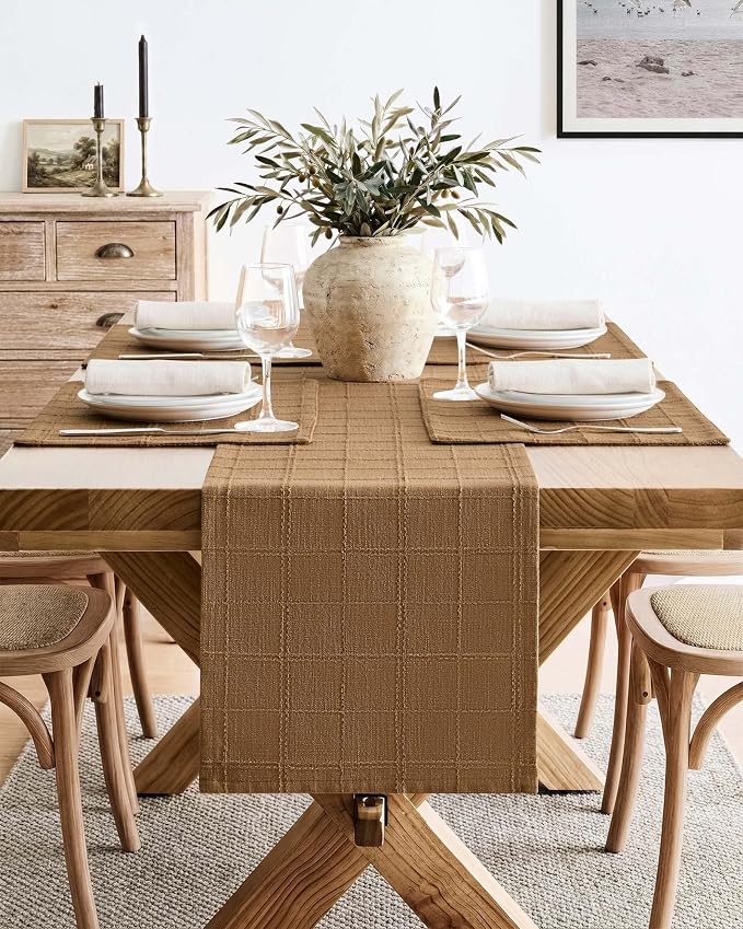 Linen Checked Farmhouse Table Runner, 13x36 Inches Roasted Brown | Raised Grid - Image 2