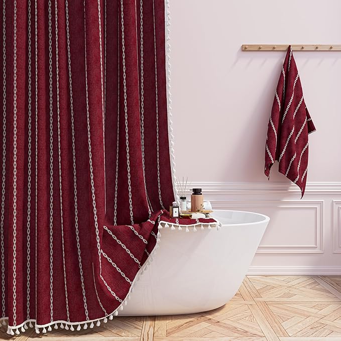 72x96 Extra Long Boho Linen Heavy Duty Shower Curtain Set, Burgundy | Extra by ShowerCurtain