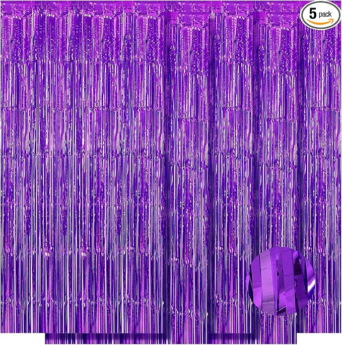 5 Pack Purple Foil Curtain Backdrop 3.2ft x 9.8ft Metallic Tinsel Foil Fringe by Ohiyoo