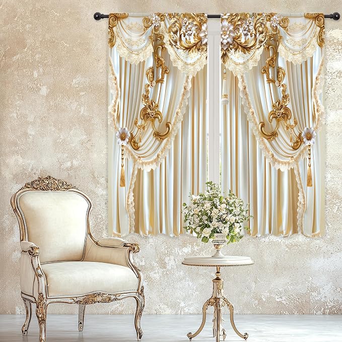 White Gold Golden Vintage Elegant No Living Room Bedroom Window Curtains | 42"W - Image 3