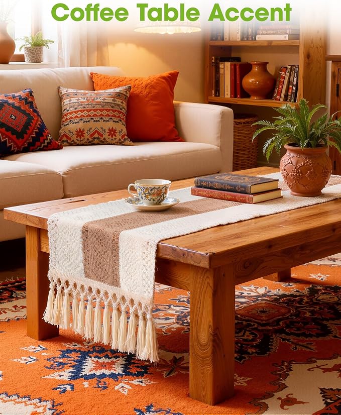 Pureegg Boho Table Runner 12 x 90 Inch, Woven Tassel Design | Dining Table - Image 7