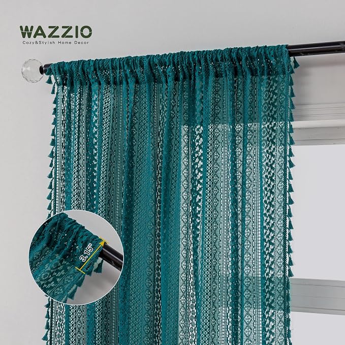 WAZZIO Boho Lace Curtains 63 Inches 2 Panel, Light Filtering Privacy Tassel & - Image 5