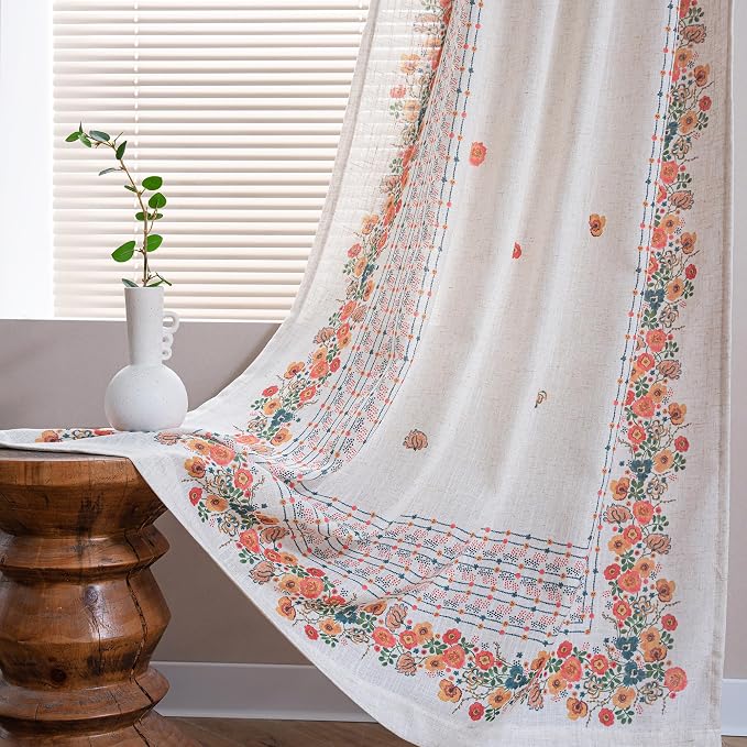 MYSKY HOME Boho Curtains for Bedroom 63 Inch Long Linen Look Semi Sheer Back - Image 3