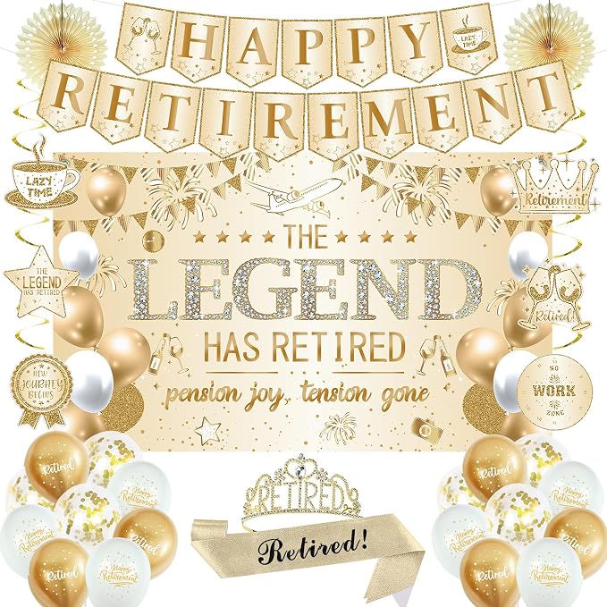 Roetyce Retirement Party Decorations Women, Champagne Gold Happy Retirement | by Roetyce