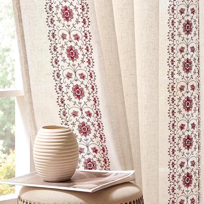 jinchan Floral Linen Curtains Embroidered Back Tab 50x96in 2 Panels Red | Light by JINCHAN
