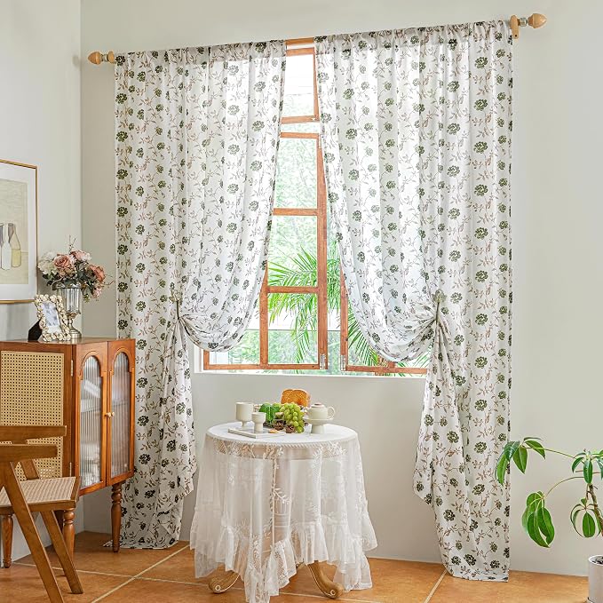 Beauoop Floral Sheer Curtains for Bedroom Green Brown 52x96 2 Panels | Semi - Image 5