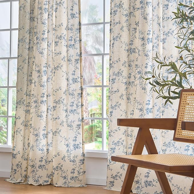 Extra Long Blue Vintage Floral Linen Curtains Farmhouse 2 Panels | Elisa Series - Image 9