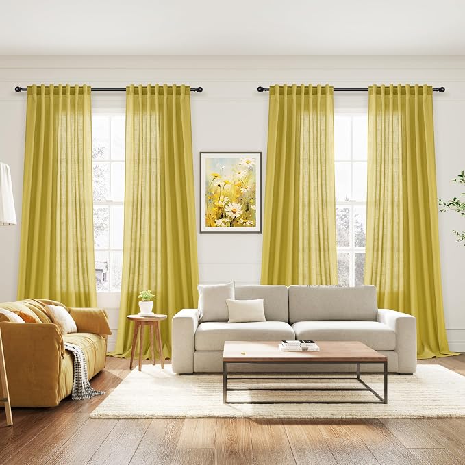 Celery Yellow Linen Curtains 108 Inches Long 2 Panels Set Back Tab Loop Pocket - Image 7
