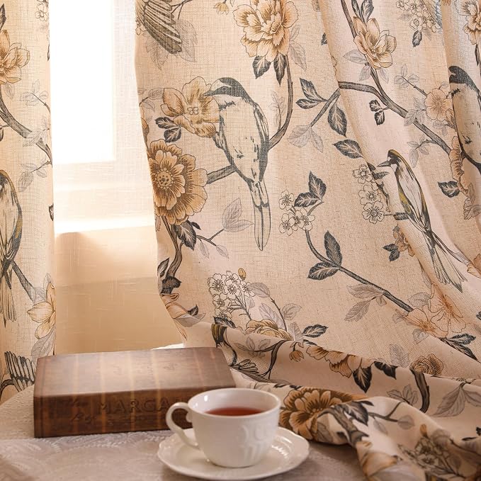 Designer French Linen Printed Curtains, 2 Panels, Bird and Flowers Pattern Draps - Image 8