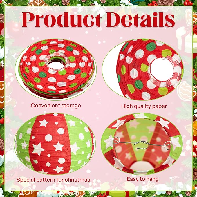 12 Pcs Red Green Christmas Hanging Paper Lanterns 8 Inch Christmas Party - Image 4