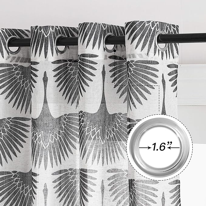 KGORGE Semi Sheer Curtains 52" W x 108" L 2 Panels Black- Bird Pattern | - Image 2