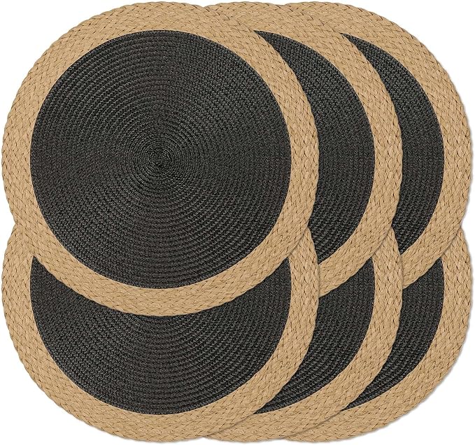 Round Placemats Set of 6, Woven Table Mats, Wide Edge, 15 Inch Diameter by Noctiflorous