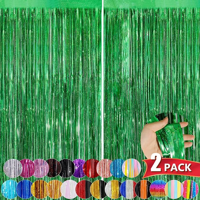 Green Metallic Tinsel Foil Fringe Curtains, 2 Pack 3.3x8.3 Feet Party Streamer by NUWDHP