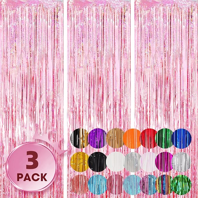 Voircoloria 3 Pack 3.3x8.2 Feet Laser Pink Foil Fringe Backdrop Curtains by Voircoloria