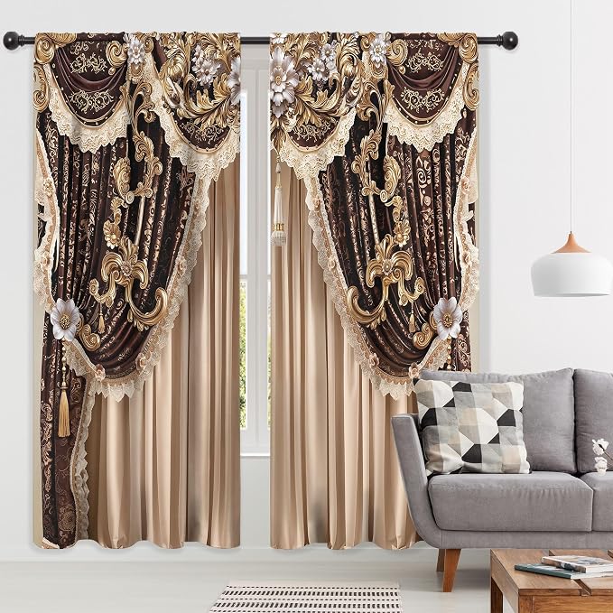 Brown Vintage Elegant Luxury No Tassel Living Room Bedroom Window Curtains | - Image 5