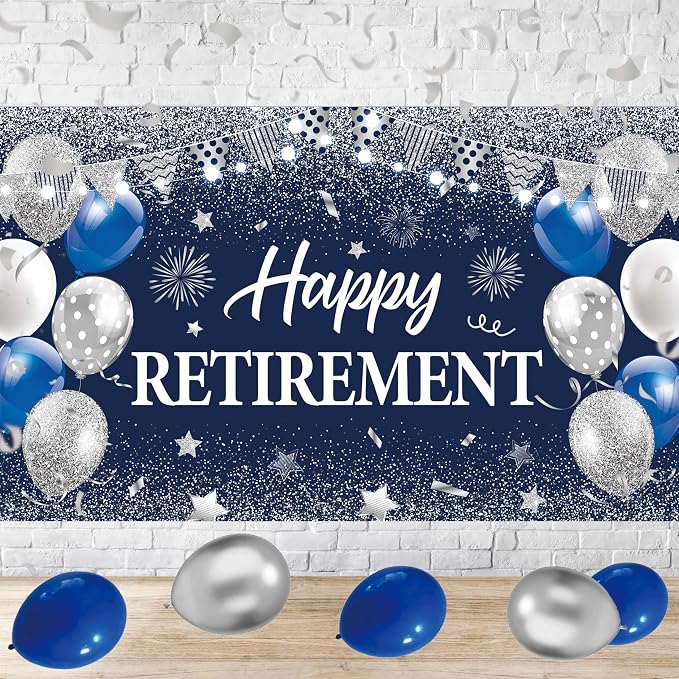 Blue Silver Happy Retirement Banner Large Retirement Party Banner Backdrop - Image 2