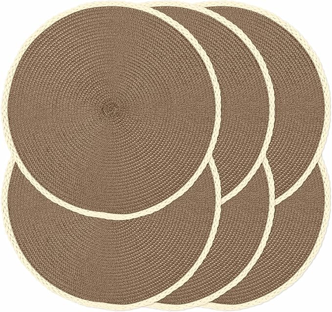 Round Placemats Set of 6, Woven Table Mats, Thin Edge, Coffee Brown | Braided by Noctiflorous