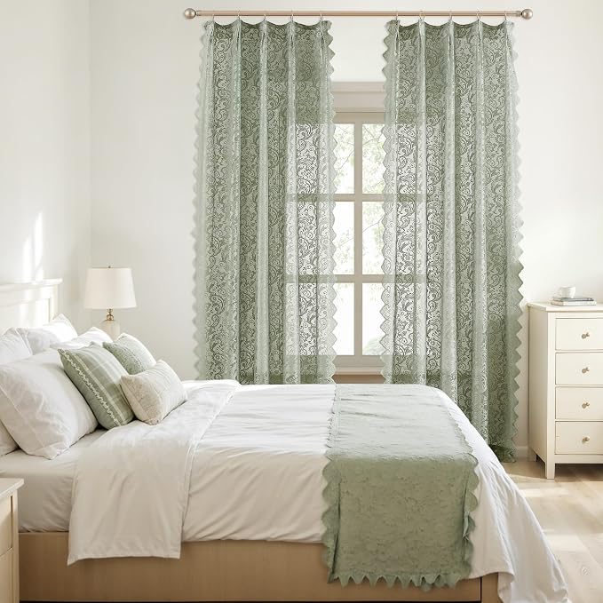 Bujasso Sage Green Lace Pinch Pleat Curtains 108 inch, Vintage Floral Sheer - Image 8