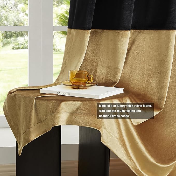 BULBUL Black Gold Color Block Window Curtains Panels 108 inches Long Velvet - Image 5