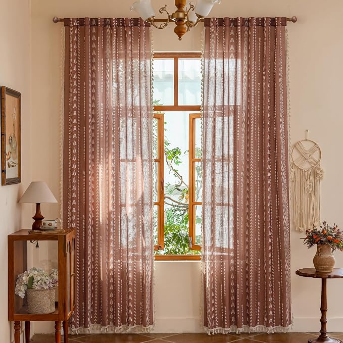 Boho Curtains for Living Room, Terracotta Curtains 84 Inch Long Linen Blended - Image 2