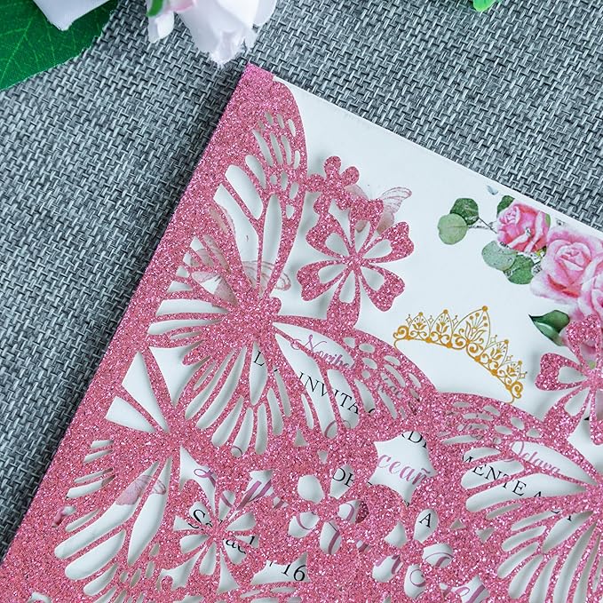20 PCS 5.12x7.2 Butterfly Quinceanera Invitation, Laser Cut Wedding Invitation Cards with Envelopes for XV Anos Bridal Shower Baby Shower Invite (Pink Glitter)