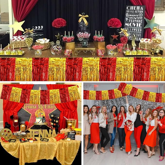 BEISHIDA Red Gold Fringe Garland Banner 30ft Wall Tinsel Foil Streamers | 3Pack - Image 4