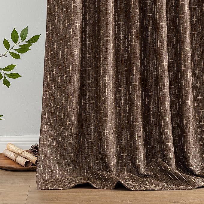 MIULEE Patterned Farmhouse Linen Curtains, Back Tab, Dark Coffee | Linen - Image 6