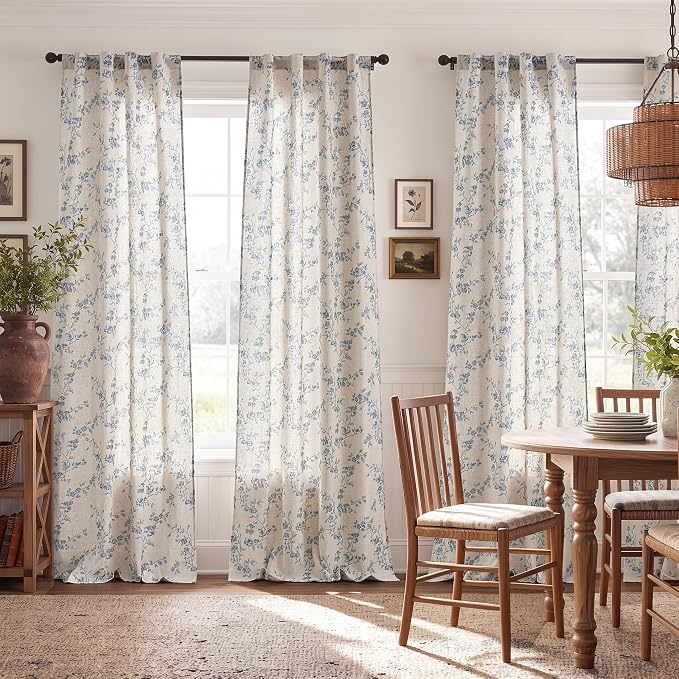 jinchan Blue Floral Linen Curtains 96 Inch Country Drapes Back Tab 2 Panels | - Image 3