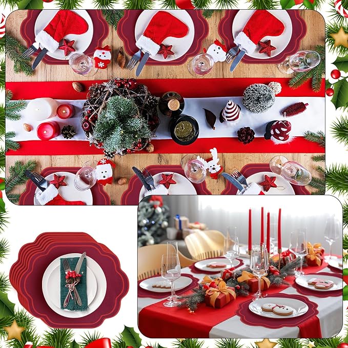 6 Pcs Wine Red Wedding Placemats Scalloped Embroidered Cotton Linen Placemats - Image 5