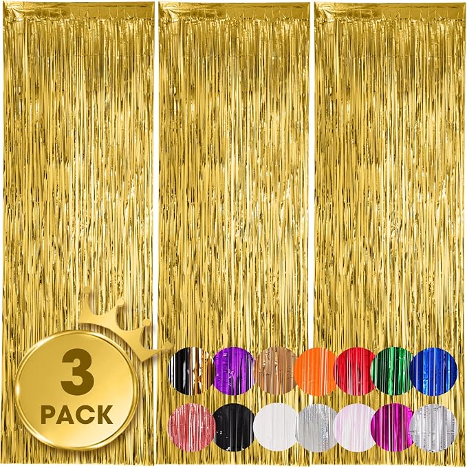 Voircoloria 3 Pack 3.3x8.2 Feet Gold Foil Fringe Backdrop Curtains, Tinsel by Voircoloria