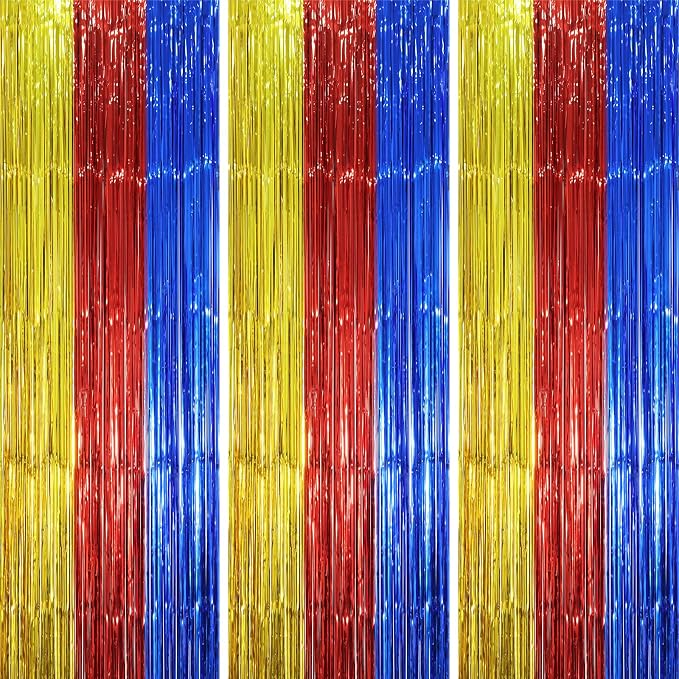 Voircoloria 3 Pack 3.3 x 8.2 ft Blue Red Gold Foil Fringe Backdrop Curtains by Voircoloria
