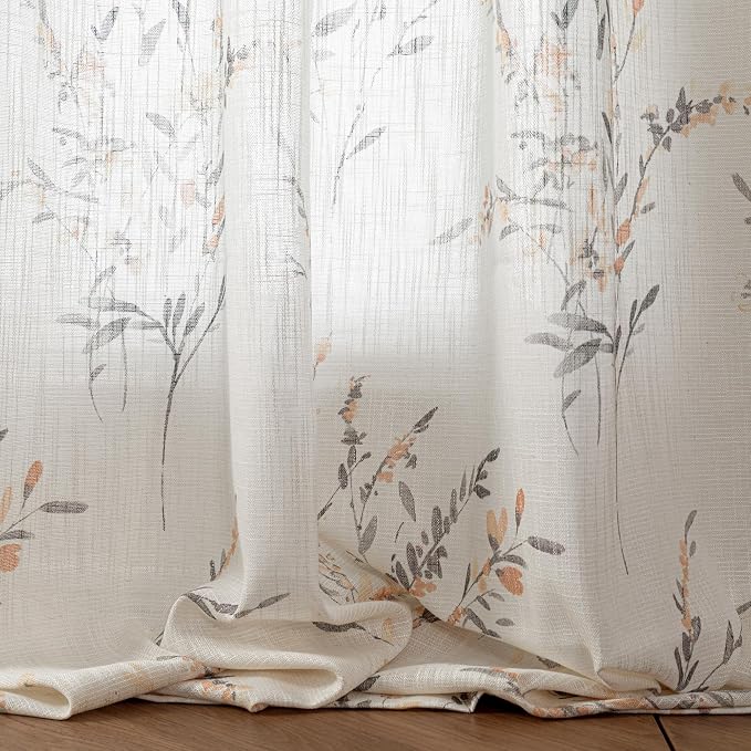 MYSKY HOME Kitchen Window Curtains Linen Sheer Drapes 45 Inches Long Floral - Image 5