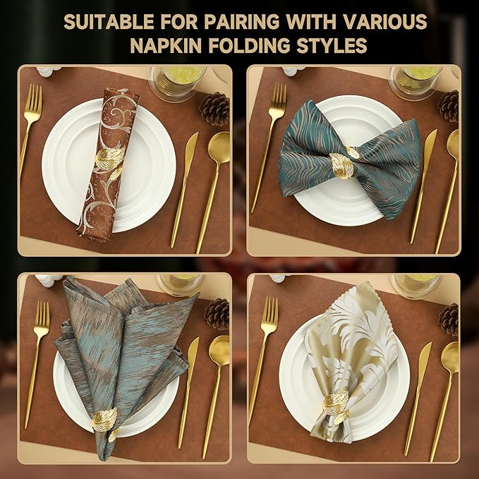 Gold Napkin Rings, Shiny Metal Napkin Rings Set of 12, Study Leaf Shaped Table Decor, Stylish Fall Napkin Ring Bulk for Christmas, Easter, Wedding, Party, Elegant Table Settings Gift Ideas
