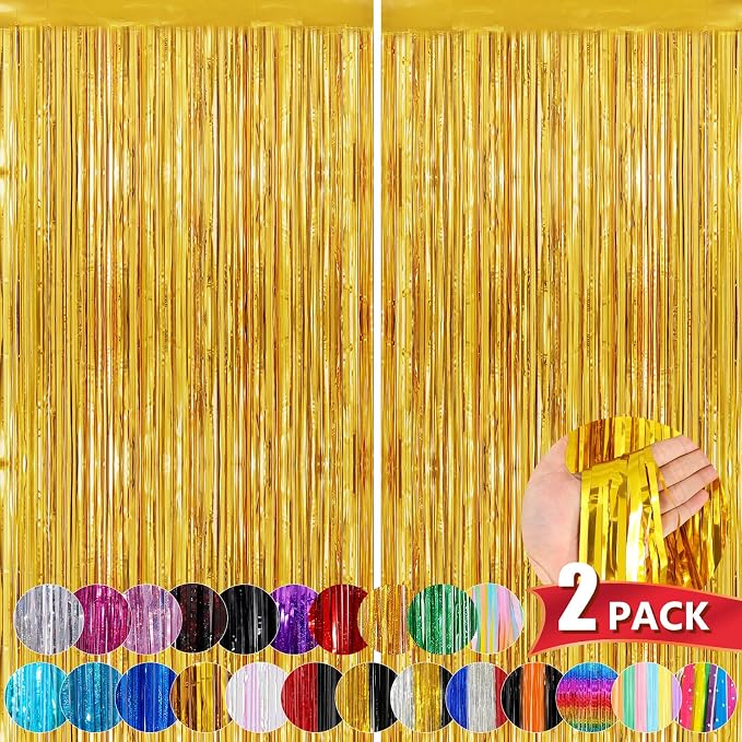 Gold Metallic Tinsel Foil Fringe Curtains, 2 Pack 3.3x8.3 Feet Party Streamer by NUWDHP