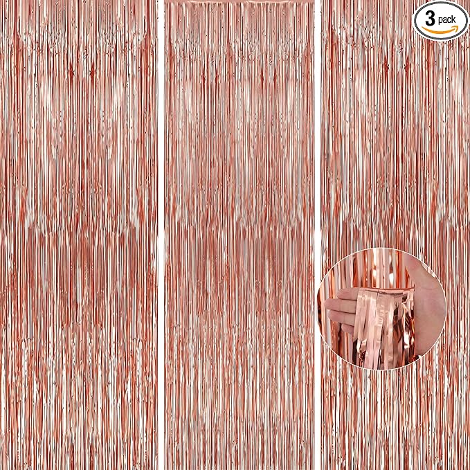 TenLaitech 3 Pack 3.3 x 9.9 ft Rose Gold Foil Fringe Backdrop Curtain, Streamer by TenLaitech