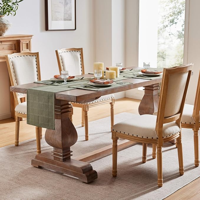 Linen Checked Farmhouse Table Runner, 13x36 Inches Olive | Raised Grid Design - Image 3