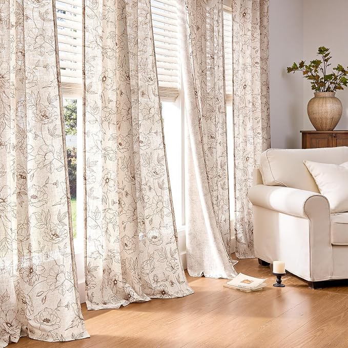 jinchan Floral Linen Curtains for Living Room 84 Inch Length Brown Flower - Image 8