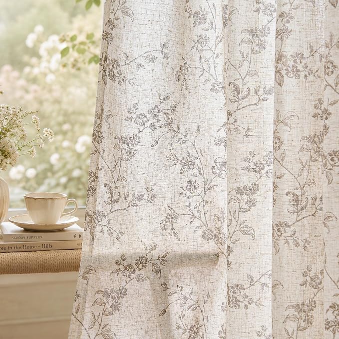 jinchan Taupe Floral Linen Curtains 90 Inch Farmhouse Back Tab 2 Panels | Taupe by JINCHAN