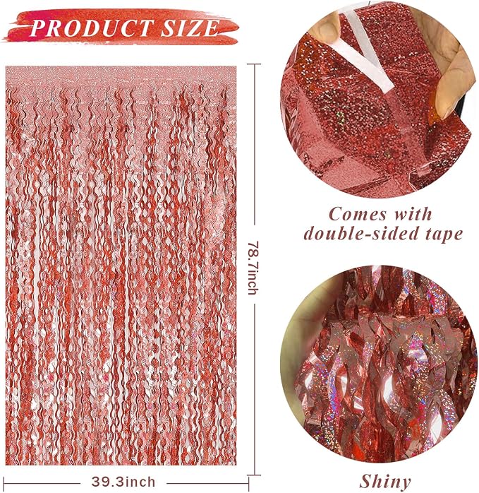 BOMSI Rose Gold Tinsel Foil Fringe Curtains Wavy Backdrop - Image 2