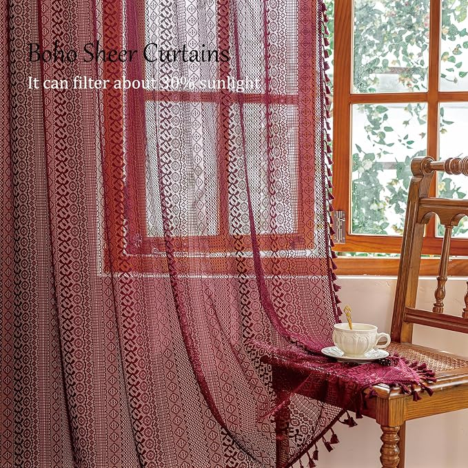 Sutuo Home Burgundy Boho Lace Curtains 96 inches long - Image 2