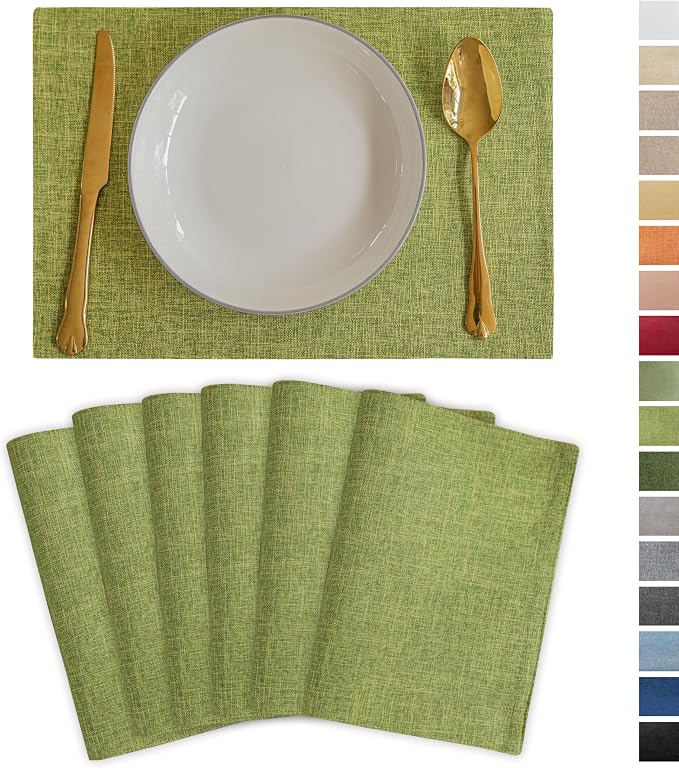 Demetex Placemats Set of 6 Green Decorative Table Mats Modern Linen Placemats by DEMETEX