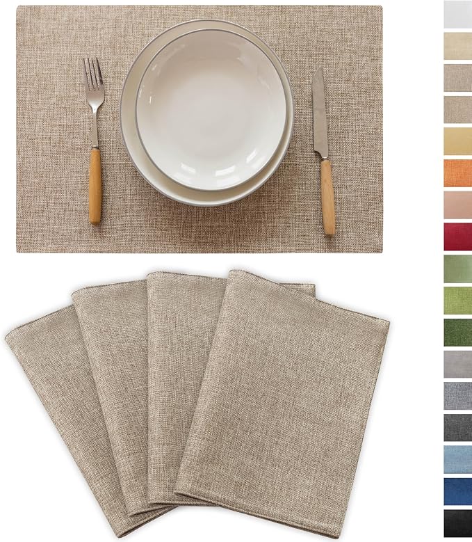 Demetex Linen Placemats Set of 4 Heat Resistant Cloth Place Mats Wipeable by DEMETEX