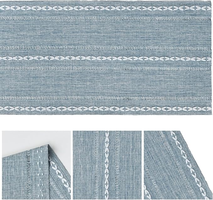 Artoid Mode Dusty Blue Cotton Linen Table Runner, Seasonal Rustic Embroidered Hollow Kitchen Dining Table Decoration for Home Party Decor 13x90 Inch
